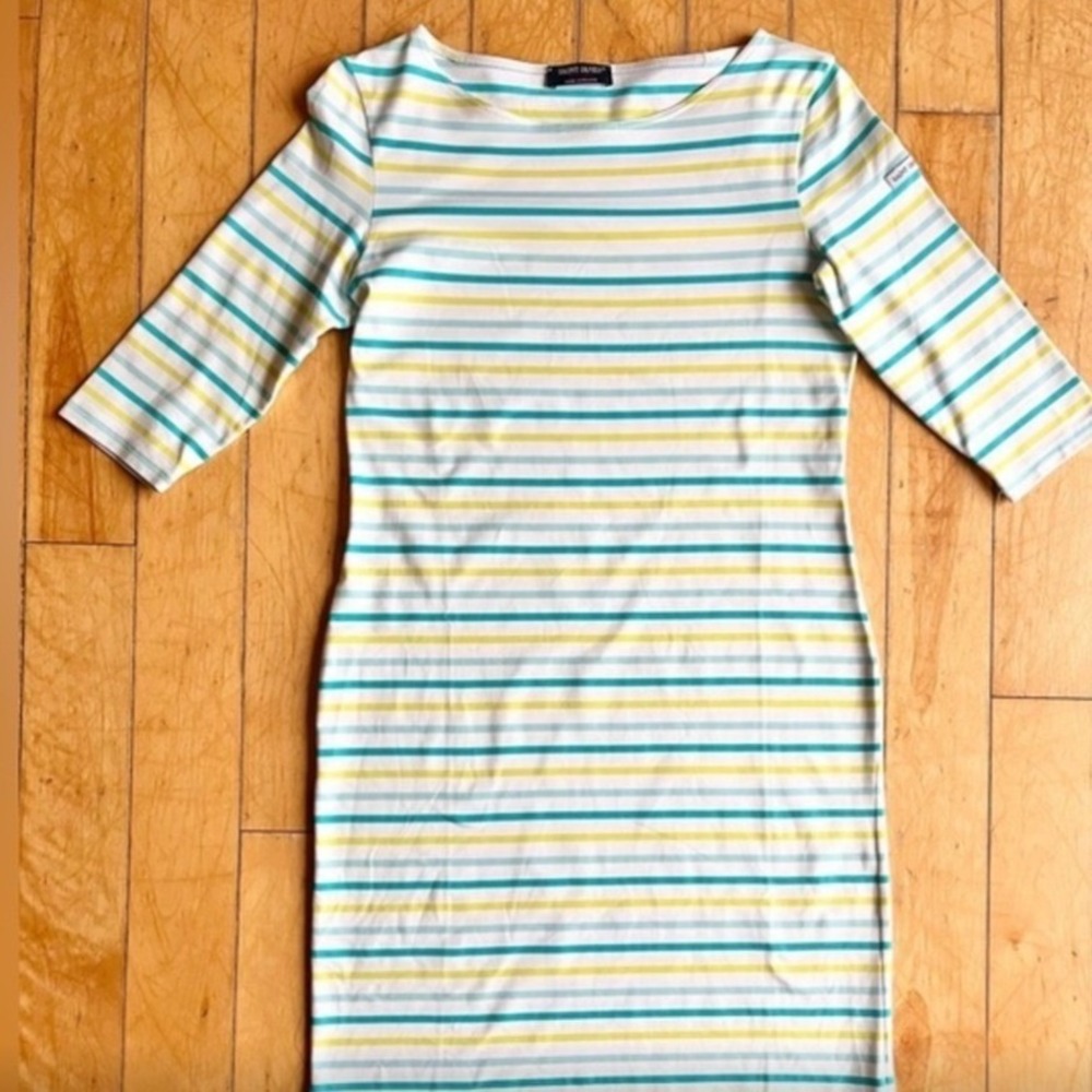 Saint James Striped‎ Boat Neck Sheath Dress 3/4 Sleeve Blue Green White France 8